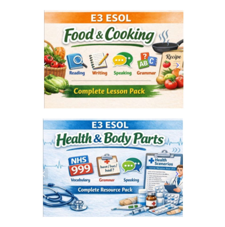 ESOL Entry 3 Food and Cooking, Health Body and Appointments Lesson Pack – Adult ESOL Vocabulary, Grammar, Reading, Writing & Speaking (Editable)