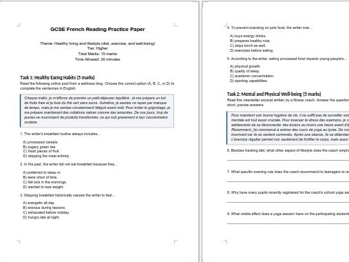 GCSE French New Spec Reading Mock: Healthy_Living (Higher Tier + Mark Scheme)