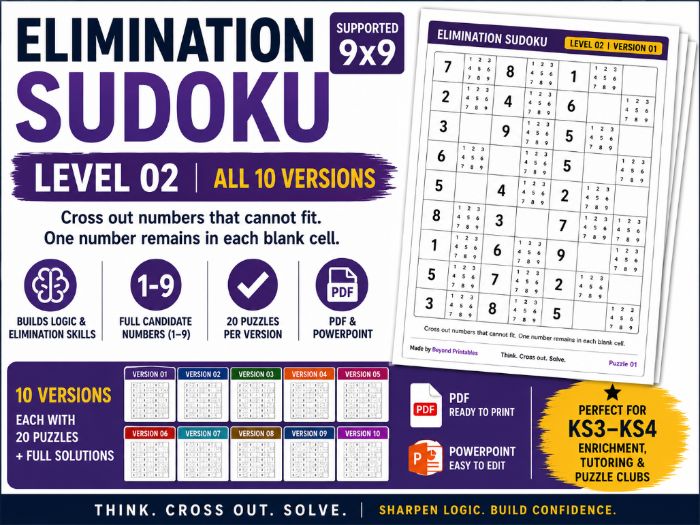 Elimination Sudoku Level 2 Bundle | 10 Versions | 200 Supported 4×4 Logic Puzzles