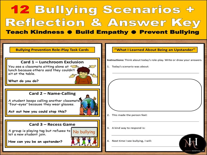 Bullying Prevention Role-Play Cards | 12 Elementary Scenarios + Reflection | Anti-Bullying