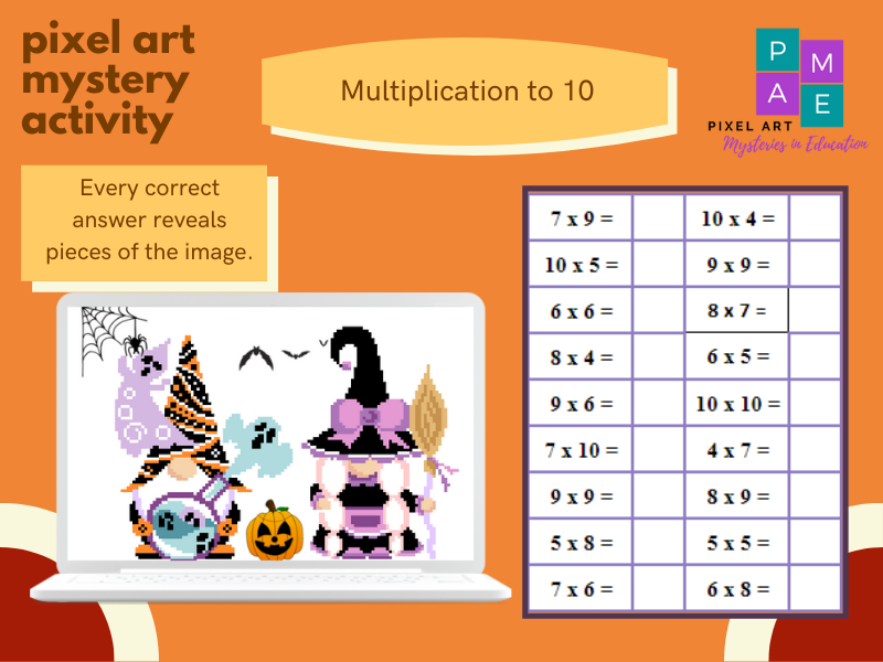 Multiplication to 10 Pixel Art - Halloween Gnomes