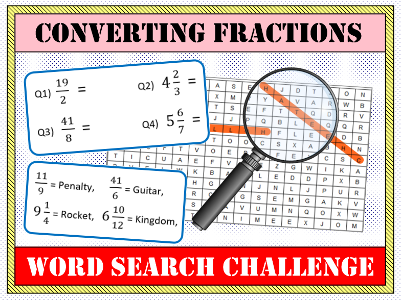 🍰 Converting Fractions (Mixed & Improper) Word Search 🔎