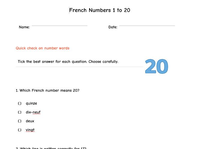 French Numbers 1 to 20 - Reading/Writing