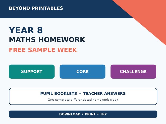 Year 8 Maths Homework Free Sample – Support, Core & Challenge with Answers