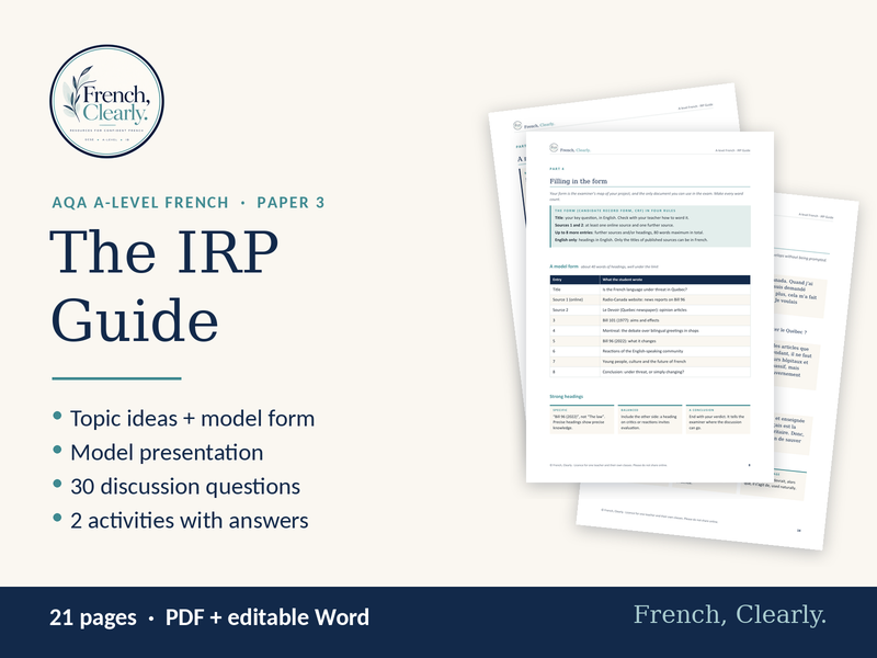 AQA A-level French IRP Guide – Topic Ideas, Model Presentation & 30 Questions (Paper 3)
