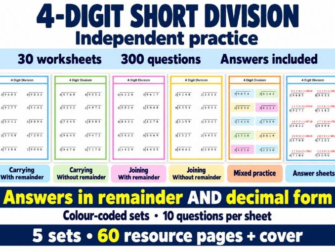 4 digit short division - Bus stop method - With and without remainders