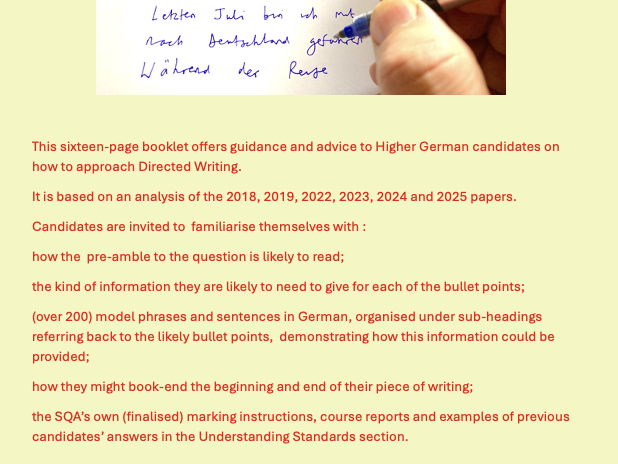 Higher German Directed Writing, likely bullet points and possible answers.