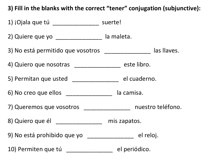 TENER Subjunctive Conjugation Worksheets