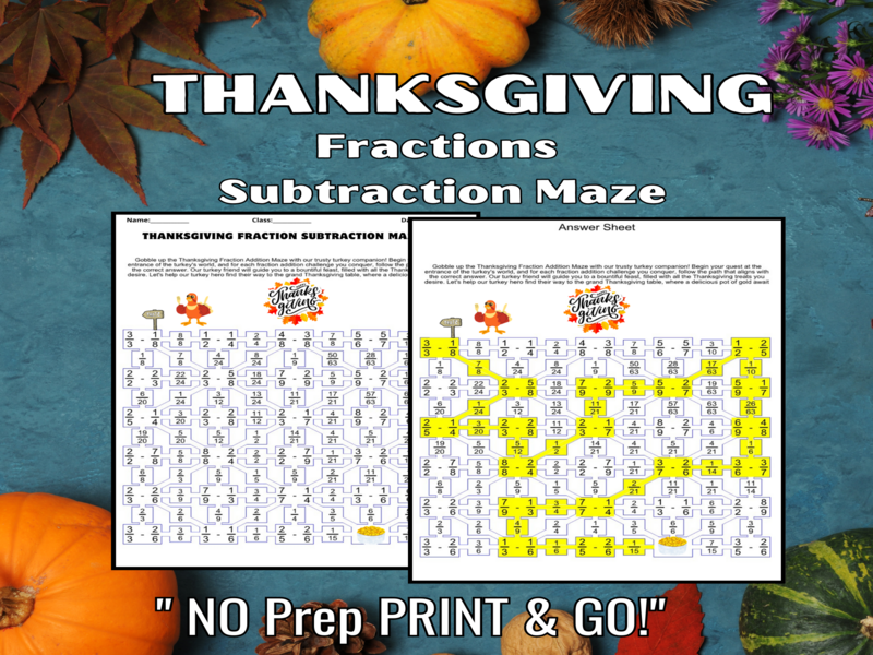 THANKSGIVING FRACTION SUBTRACTION MAZE 6 Puzzles Fun Math Activity No Prep