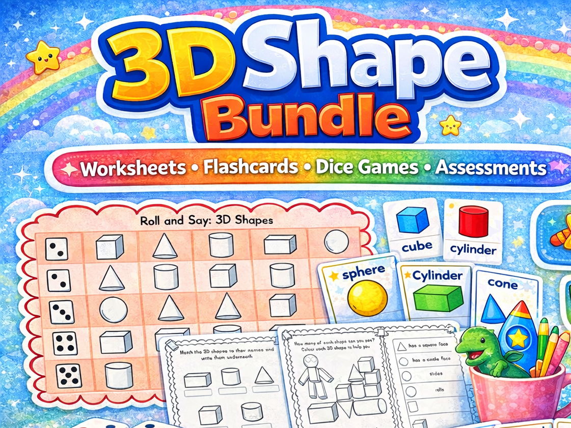 3D Shape bundle: 10 worksheets, flashcards, dice games, assessments - Ks1 ready!