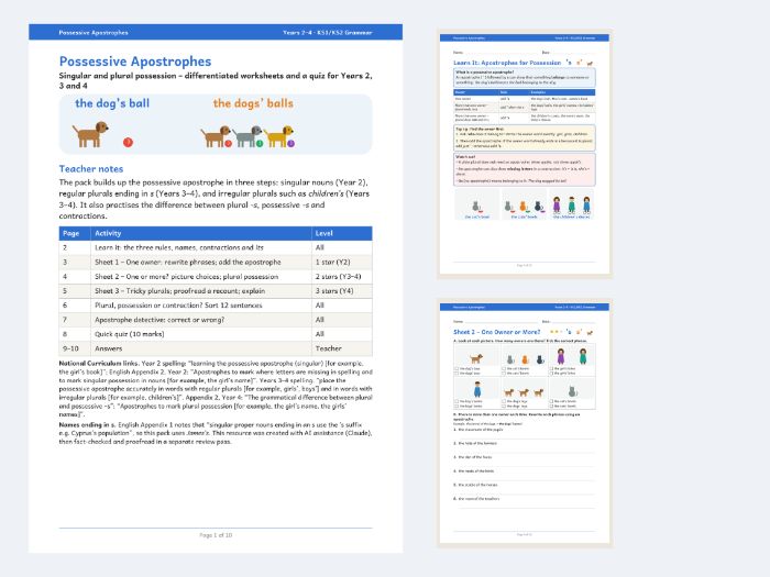 Possessive Apostrophes Worksheets Y2 Y3 Y4