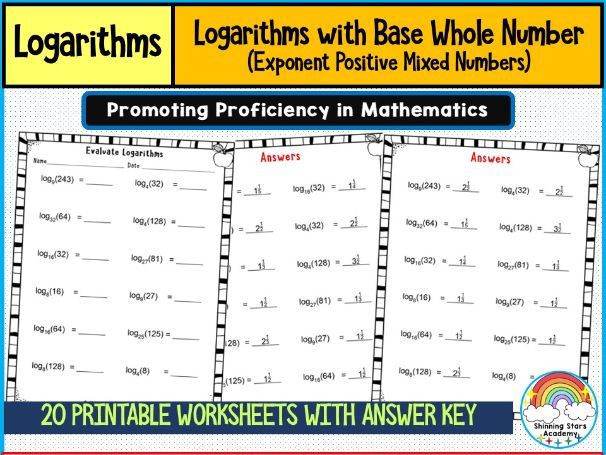 Logarithm with Base Whole Numbers (Exponent as Positive Mixed Number) Worksheets