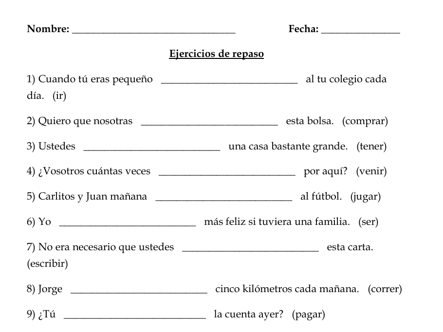 Spanish Verbs all Tenses Review Worksheet (Ejercicio de Repaso)