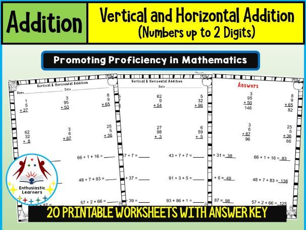 Vertical and Horizontal Addition up to 2 Digits Worksheets – Beginner Level Math Problems