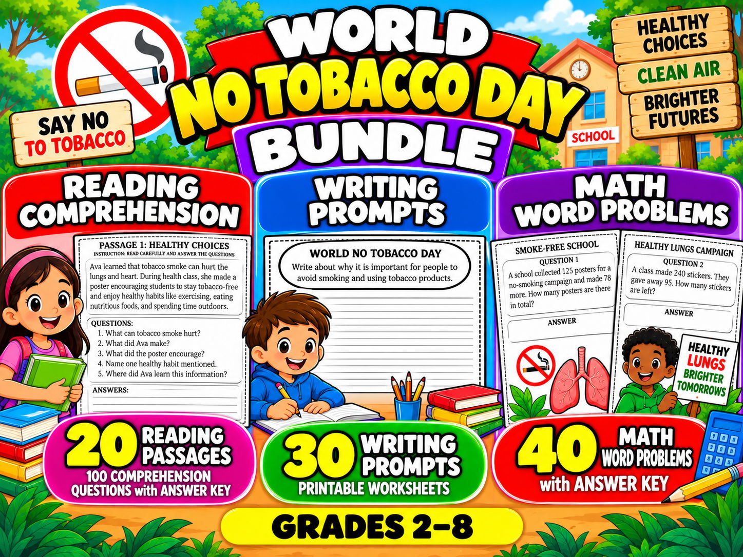 World No Tobacco Day Bundle | Reading Comprehension, Writing Prompts and Math