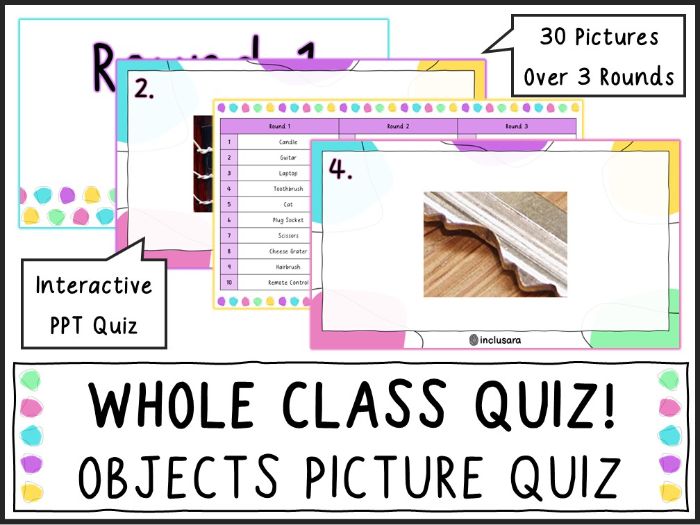 Whole Class Everyday Objects Picture Quiz, End of Year/Term