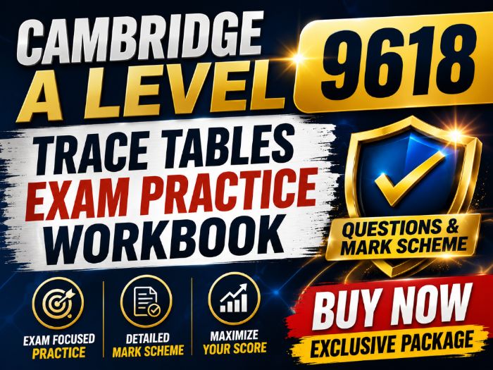 Cambridge A Level 9618 Trace Tables Exam Practice Workbook | Questions & Mark Scheme