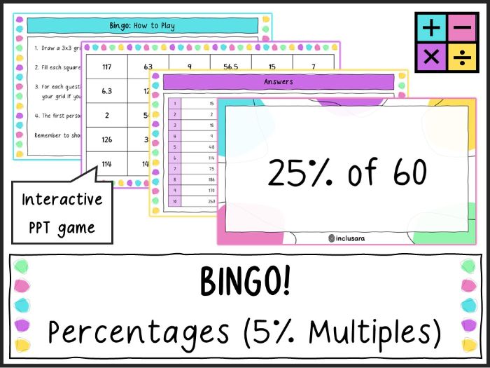 Percentages of Amounts Starter, Percent of a Quantity Bingo, 5% of an Amount