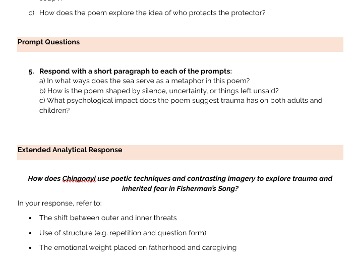 Fisherman's Song by kayo Chingonyi-Analysis Worksheet