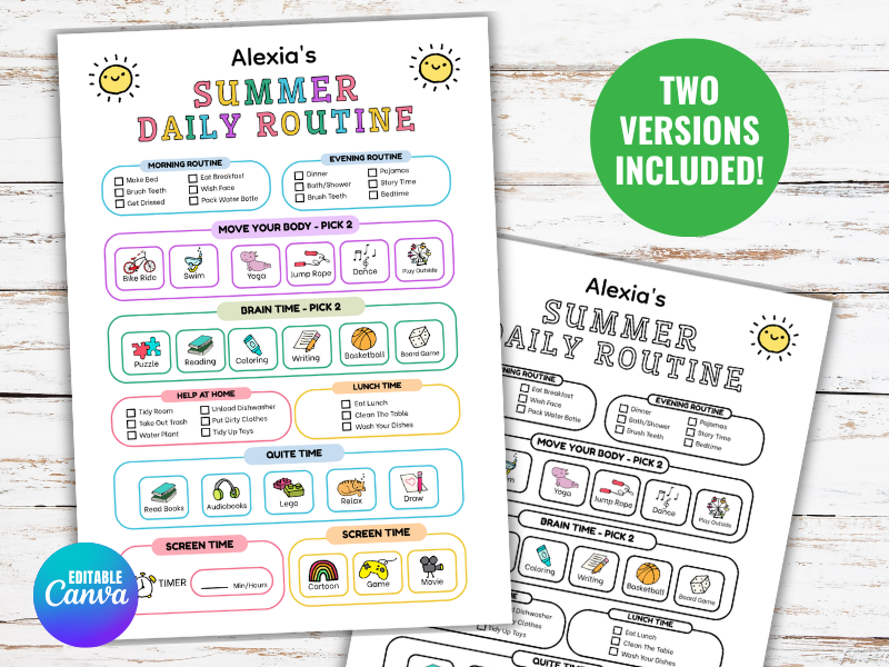 Editable Kids Summer Daily Routine Schedule Checklist: Summer Chore Chart, Summer Rules