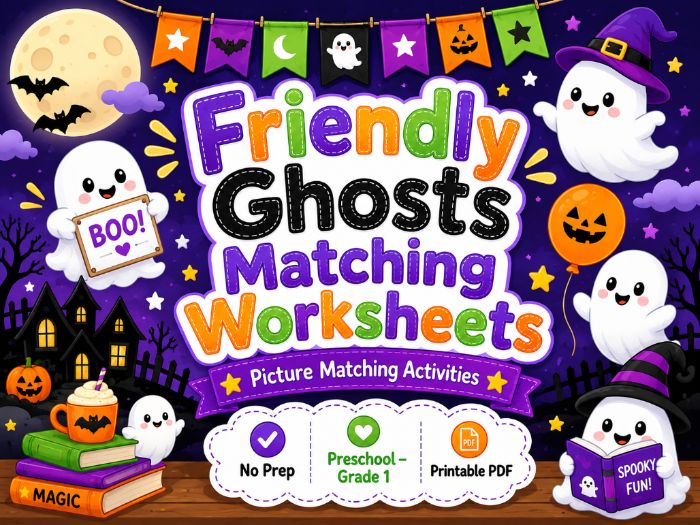 Friendly Ghosts Matching Worksheets | Halloween Activities for Preschool–1st Grade