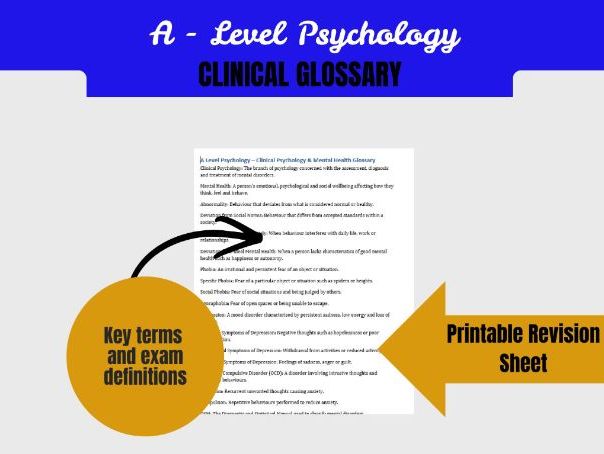 A Level Psychology Mental Health Glossary | Depression OCD Phobias CBT Diagnosis Key Terms