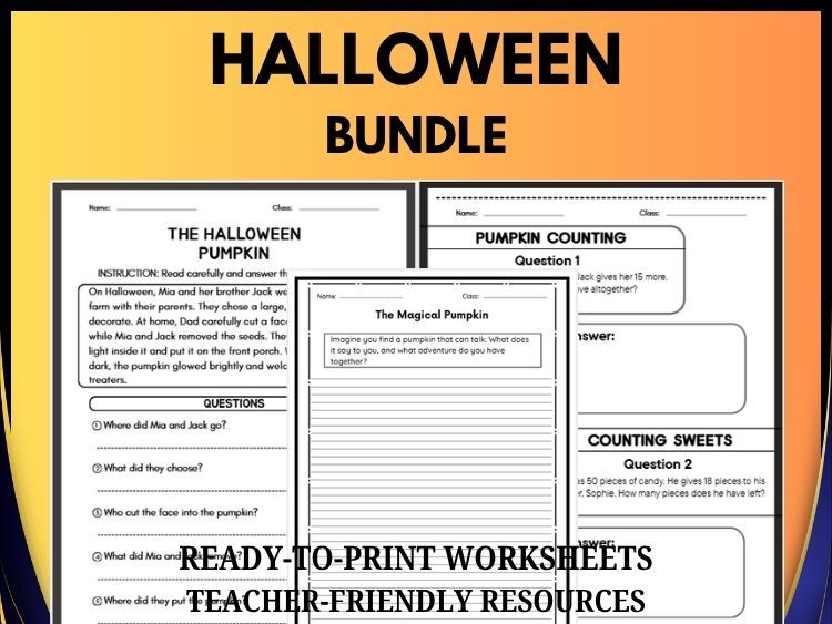 Halloween Activities Bundle | Reading Comprehension, Math Word Problems & Writing Prompts | Grades 2–8
