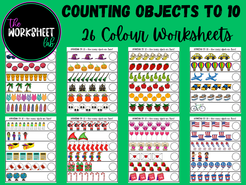 Count Objects to 10 Worksheets in Colour