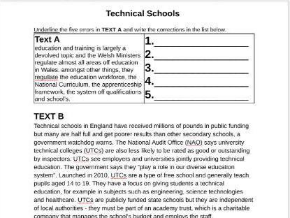 WJEC GCSE English Reading Resources with proof reading task