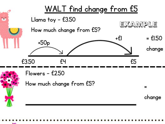 Change from £5 worksheet