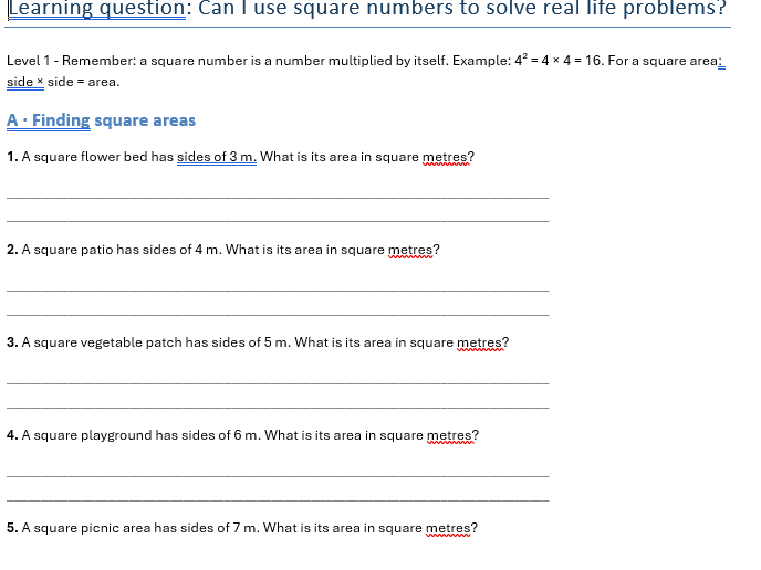 Functional Skills Maths Level 1 Square Numbers workbook