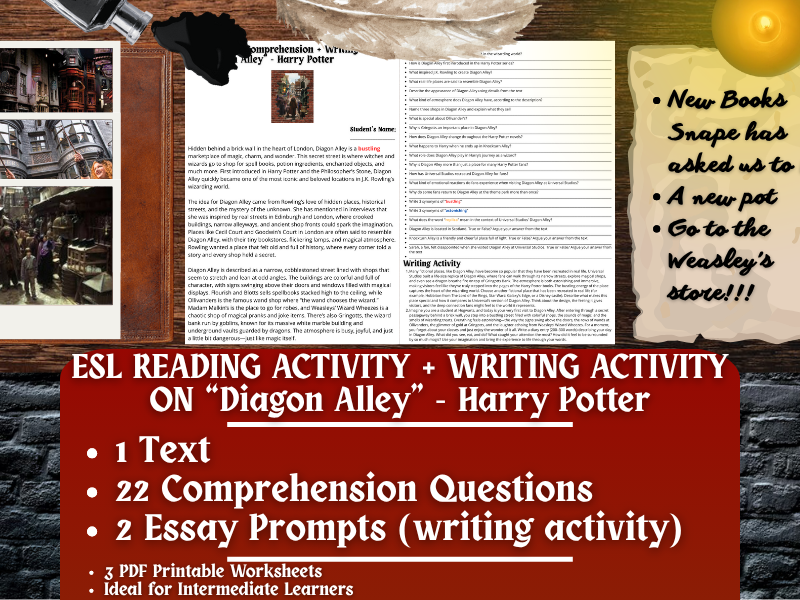 ESL Reading Comprehension + Writing Activity - Diagon Alley - Harry Potter