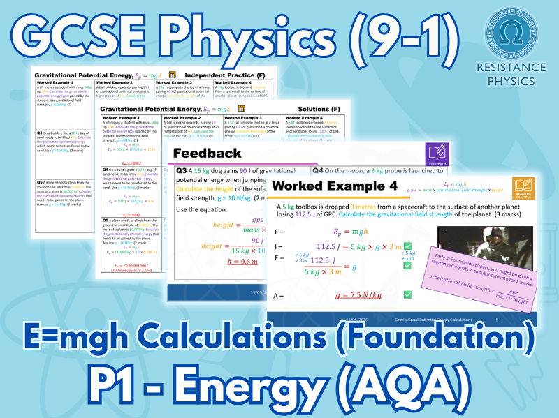 GCSE Physics - Gravitational Potential Energy, E=mgh - Foundation Calculation Worksheet