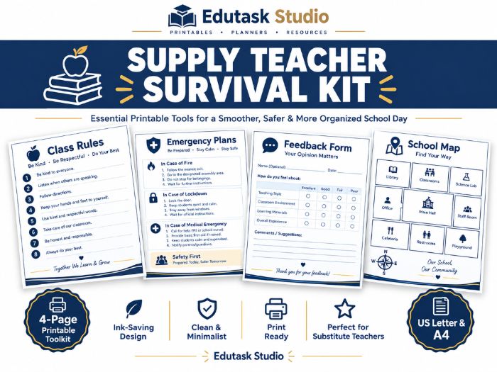 Supply Teacher Survival Kit | Printable Sub Teacher Cover Pack & Daily Classroom Management Logs (US