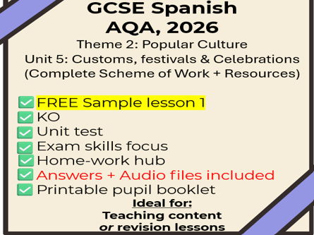 Free Sample -GCSE Spanish: Customs, festivals & Celebrations (Theme 2/unit 5, AQA,2026)