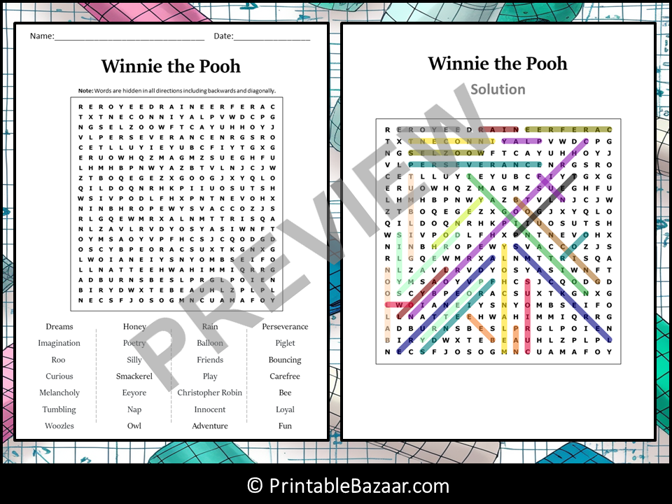 Winnie the Pooh Word Search Puzzle Worksheet Activity Teaching Resources