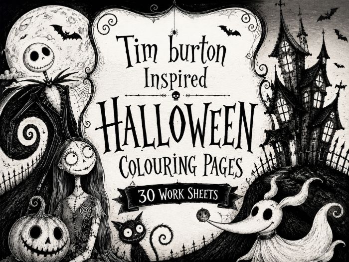 30 Tim Burton Inspired Halloween Colouring Sheets | KS2 KS3 Art Cover Work | Halloween Art Activitie