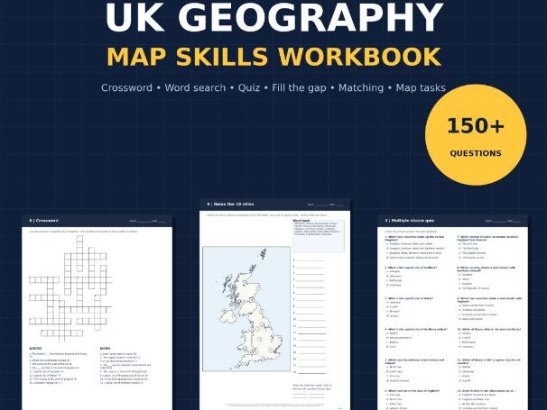 UK Geography Map Skills Workbook KS2-KS3 Crossword Quiz Word Search + Answers