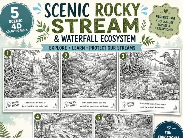 Scenic Rocky Stream & Waterfall Ecosystem Coloring Pages for Kids | Freshwater (K-Grade 3)