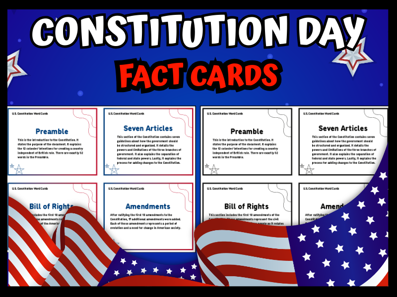 U.S. Constitution Fact Cards & Word Cards: Preamble, Articles, Bill of Rights