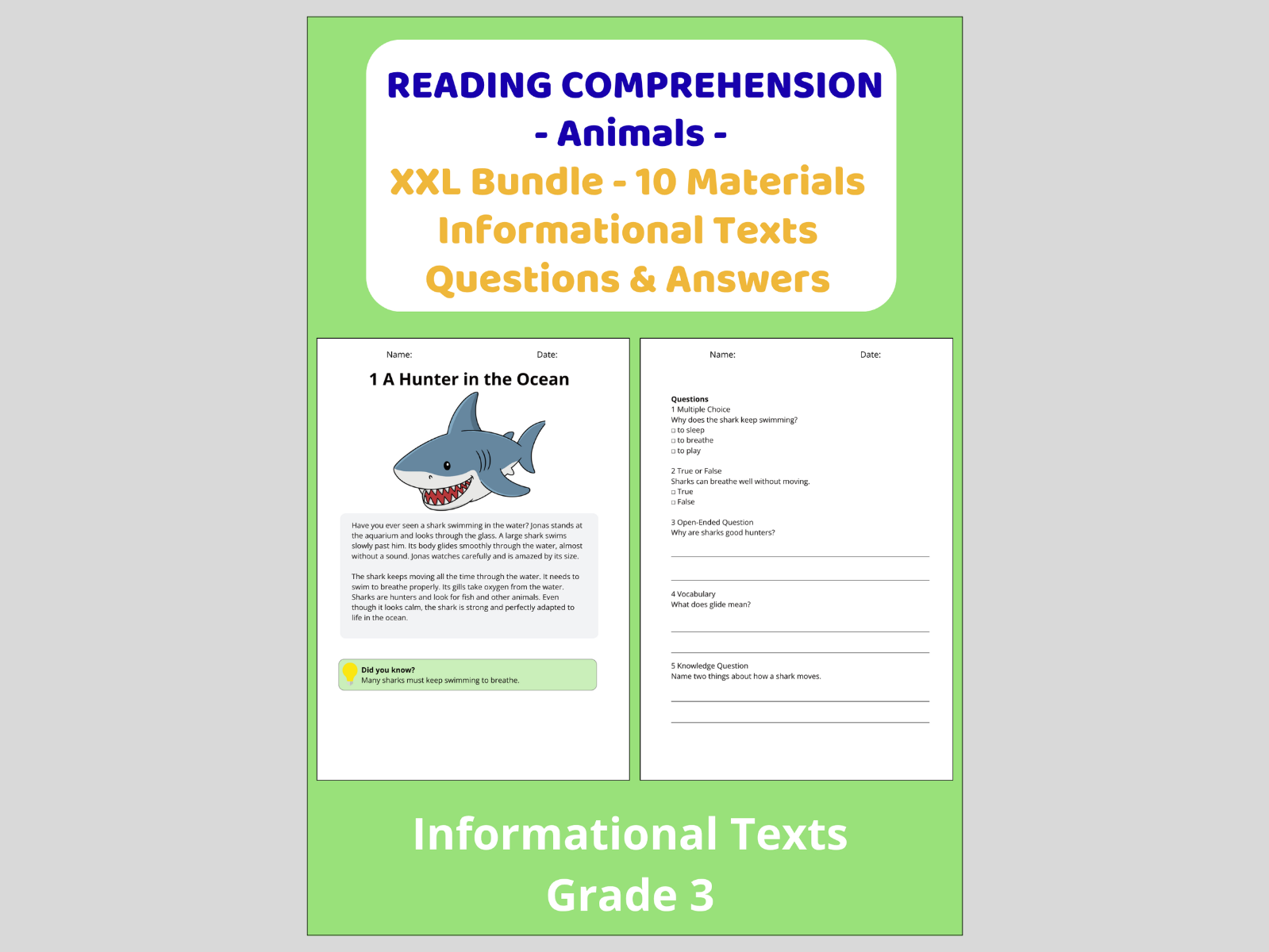 Reading Comprehension Animals - Bundle 10 Materials Informational Texts