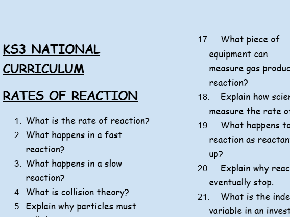 KS3 Chemistry: Rates of Reaction – 30 Question Retrieval Worksheet