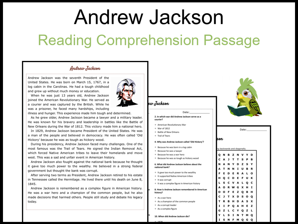 Andrew Jackson Reading Comprehension and Word Search Teaching Resources