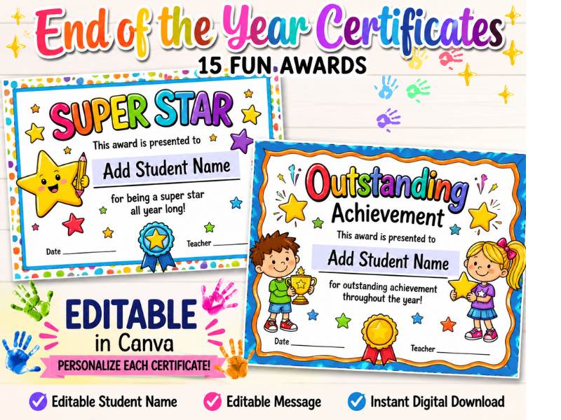 Editable End of Year Award Certificates | 15 Canva Templates for Student Recognition