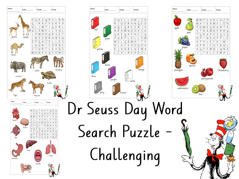 Dr Seuss Day Word Search Puzzle - Challenging