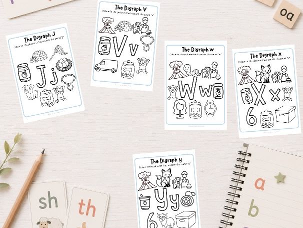 Phase 3 Phonics Colouring Sheets pack One ( j, v, w, x, y )