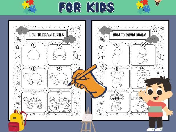 How to draw cute animals for kids, 50 drawing worksheets.