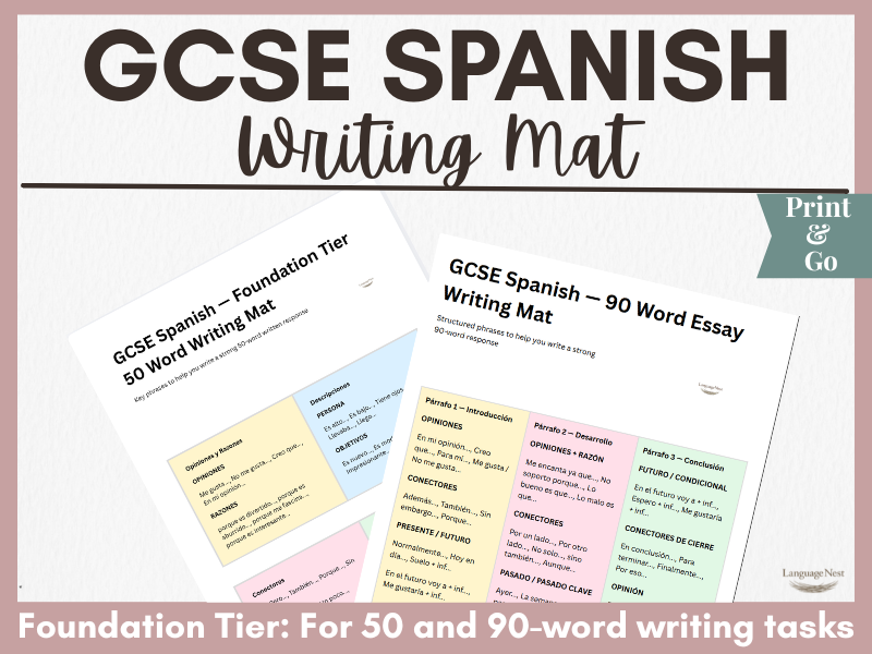 GCSE Spanish Foundation Tier 50, 90 Word Writing Mat | GCSE Spanish Writing Scaffold and Sentences