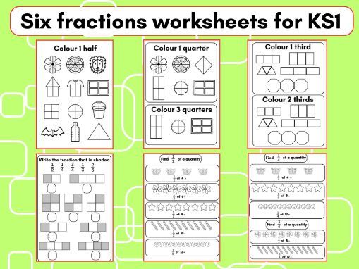 KS1 fractions worksheets - 6 sheets
