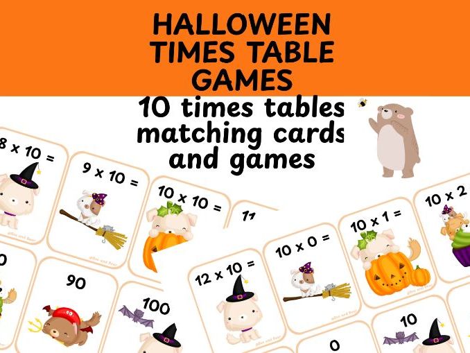 10 times table game cards Halloween themed